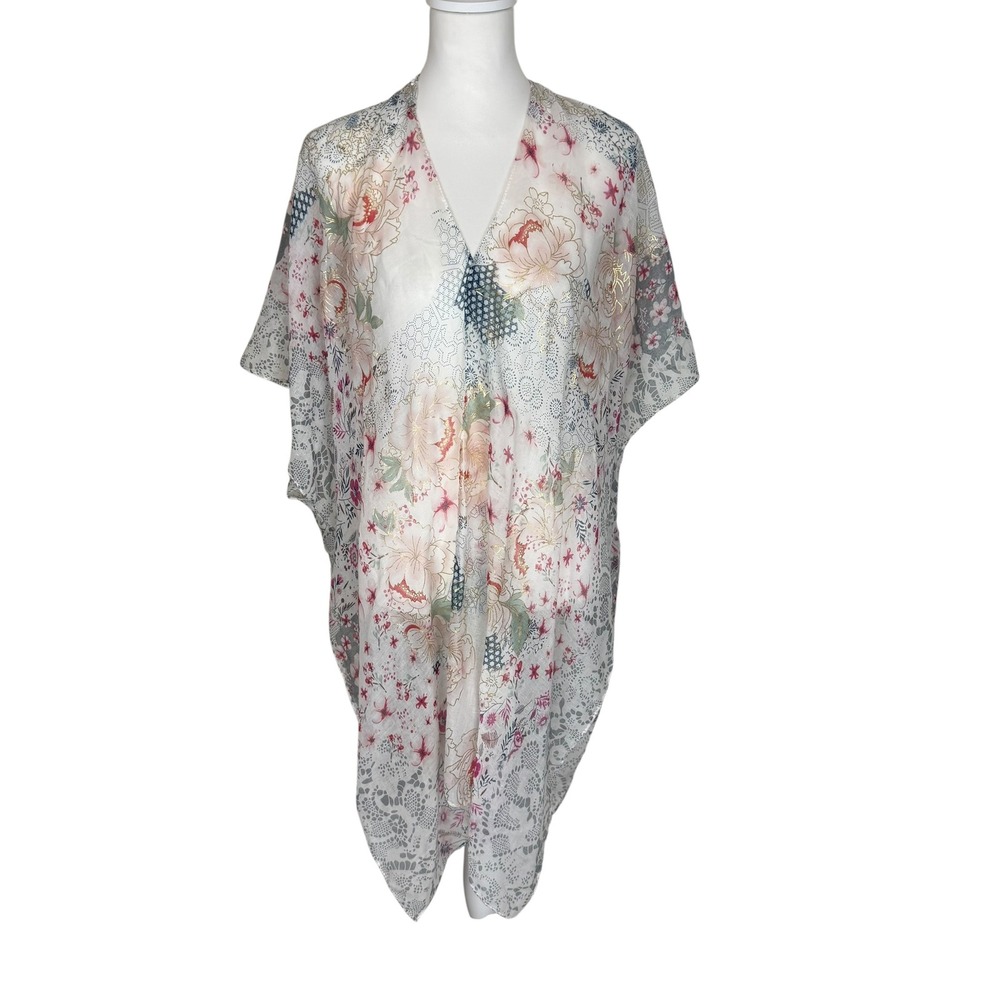 Woven Heart Floral Kimono‎ Wrap One Size Pink White Gold Foil Sheer Cover Up